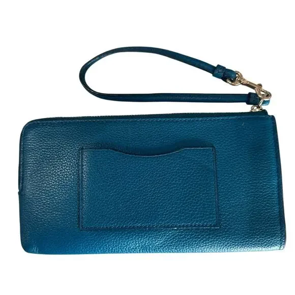 COACH Teal Blue Leather L Zip Continental Clutch Wallet With Gold Logo, Like new - Picture 2 of 5